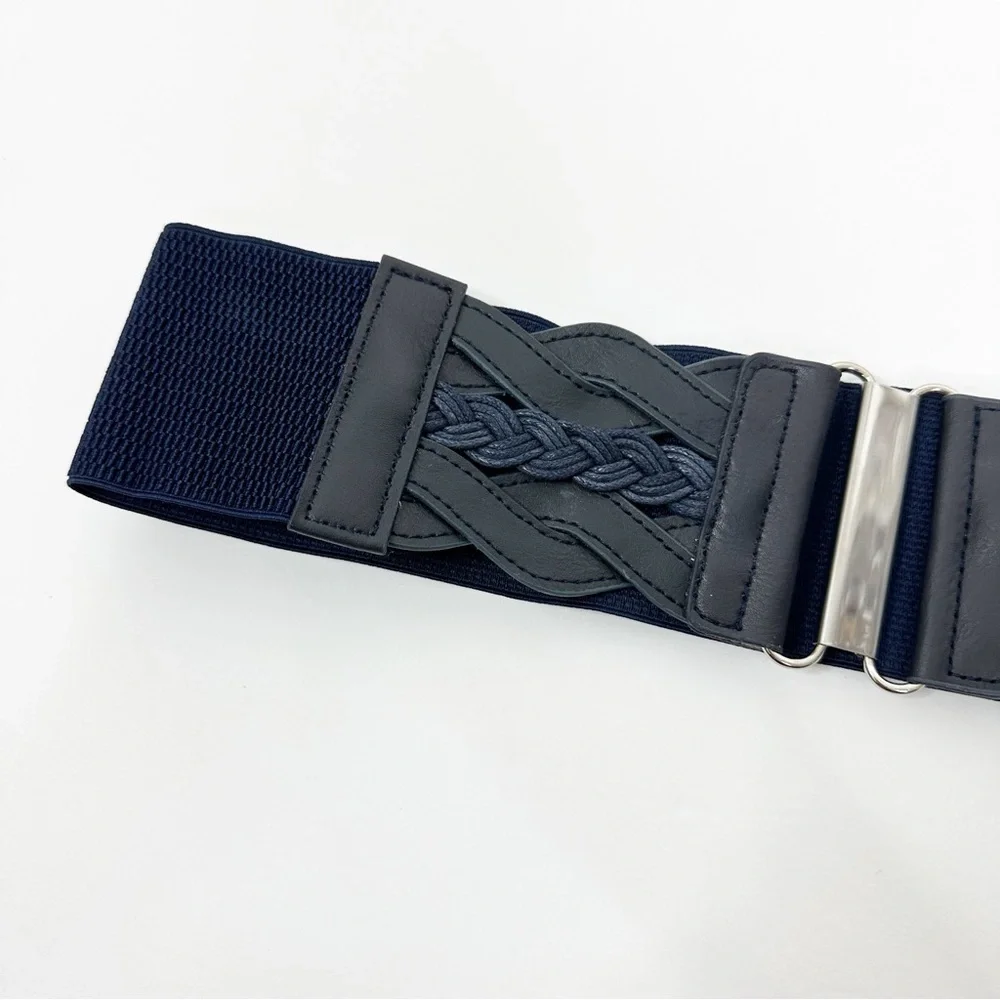 2/$30 NEW Elastic Wide Waist Belt Braided Navy Blue